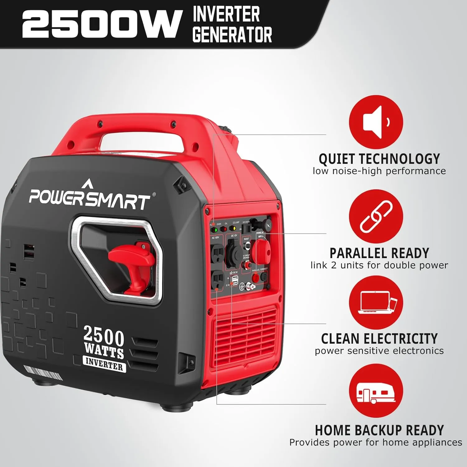 Generador PowerSmart 2500W con sus características: silencioso, conexión en paralelo, energía limpia y respaldo para el hogar